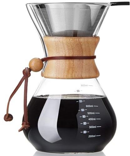 MESNEY Pour Over Cafetera de 800 ml con filtro, vidrio de borosilicato, filtro manual de café, jarra de café precisa con filtro para verter sobre café, filtro permanente