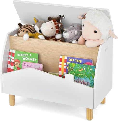 FANTASK Spielzeugkiste Holz mit Regal, Spielzeugtruhe mit Deckel, Aufbewahrungstruhe Spielzeugbox für Kinderspielzeug