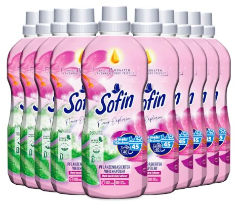 Sofin Weichspüler vegan Flower Explosion 0,81l für 45 Waschgänge im 10er Set - Mit Anti-Pilling-Effekt, Ohne Mikroplastik, Himmlisch weiche & duftende Wäsche
