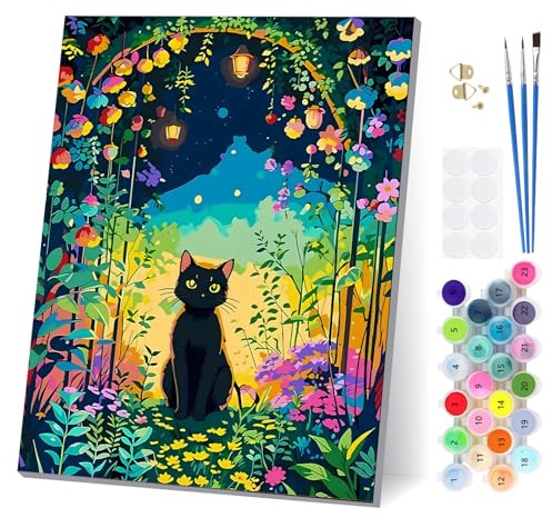 EOBROMD Numero vuxenmålning svart katt med ram, blommor måla efter siffror med penslar akrylfärger, oljemålning på duk för heminredning 30 x 40 cm