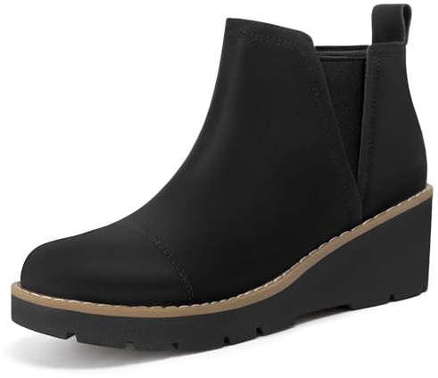 Athlefit Women's Wedge Chelsea Boots Platform Lug Sole Elastic Short Black Ankle Booties Size 8