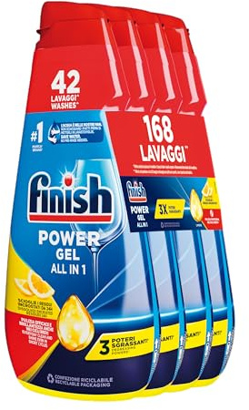 Finish Powergel, Gel Detersivo per Lavastoviglie Liquido, 42 Lavaggi, 940ml, Poteri Sgrassanti, Limone, Multiazione (Confezione da 4)