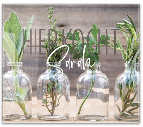 ®timalo Herdabdeckplatte personalisiert mit Namen | 60 x 52 cm Kräuter in Gläsern | einteilig | 4mm ESG-Glas Ceranfeldabdeckung, Glasplatte, Schneidebrett, Abdeckplatte