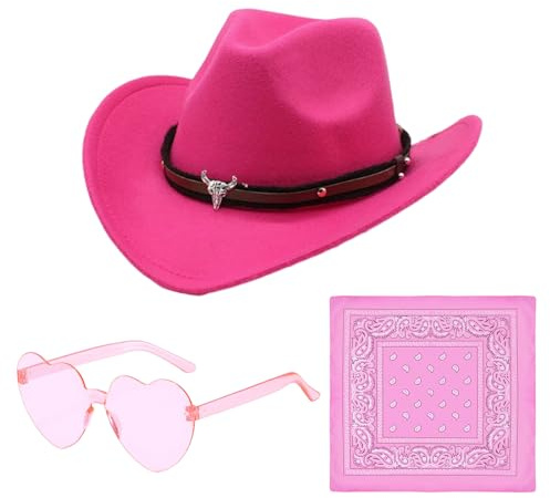 Matreeglam Western Cowboyhut Verkleidung Zubehör für Damen Herren Erwachsene Texanischer Cowboyhut mit Bandana Brille Halloween Party Zubehör Country Western Rancher Wild West (Rosa)