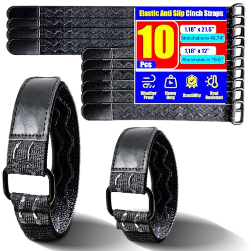 PHIXBEAR Elastic Anti Slip Cinch Straps with Upgraded Metal Buckle, Heavy Duty Multipurpose Hook and Loop Straps for Extension Cords, Cables, Hose, Bike, Pant Garters, 12 & 21.6(10 Pack)