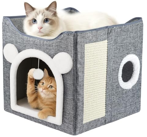 JF HOME BLISS Cat House for Indoor Pets 2 Layer Large cat cave with Scratch Board and Ball (Gray, 1)