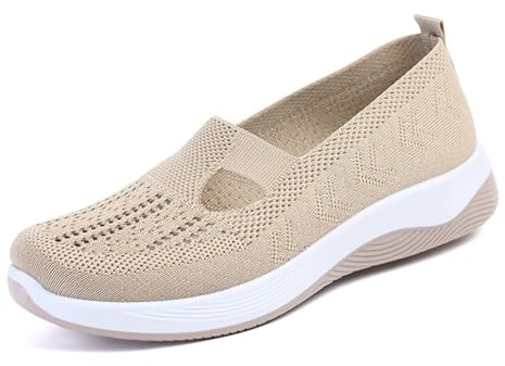 Women's Comfort Walking Shoes, Woven Lightweight Breathable Orthopedic Sneakers with Soft Sole, Arch Support and Stretch Fit Brown
