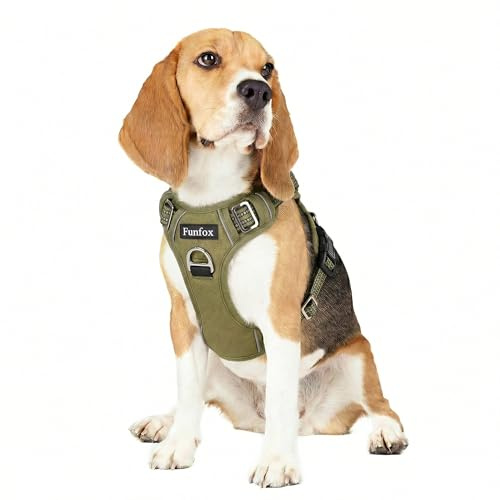 Funfox Hundegeschirr Kleine Hunde [M] - Anti Zug Welpengeschirr mit Griff & Ringreflektoren, Atmungsaktives Verstellbares No Pull Brustgeschirr für Kleine/Mittelgroße Hunde Outdoor Militärgrün