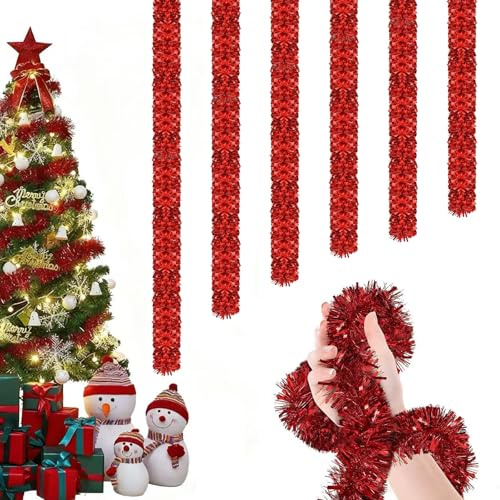 Weihnachten Lametta Girlande, 6 Stück x 2M Glänzende Lametta, Weihnachtsbaum Girlande Festlich, Weihnachtsschmuck Baum Dekoration für Weihnachtsfest (Rot)