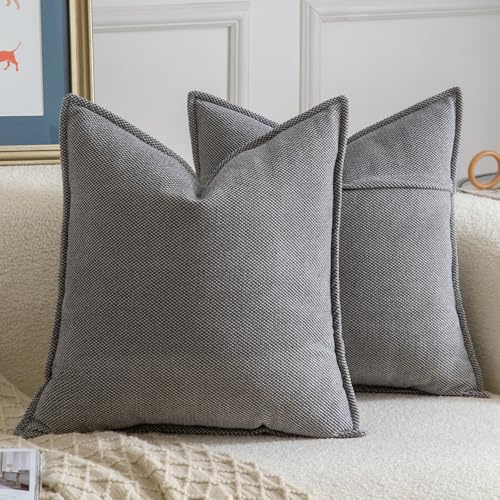 Madizz 2er Set Chenille Dekorativ Dunkelgrau Kissenbezüge Weiche neutrale Wurfkissen für Sofa Boho Akzent Zierkissenbezüge für Schlafzimmer Wohnzimmer Modernes Zuhause Dekor 60x60 cm