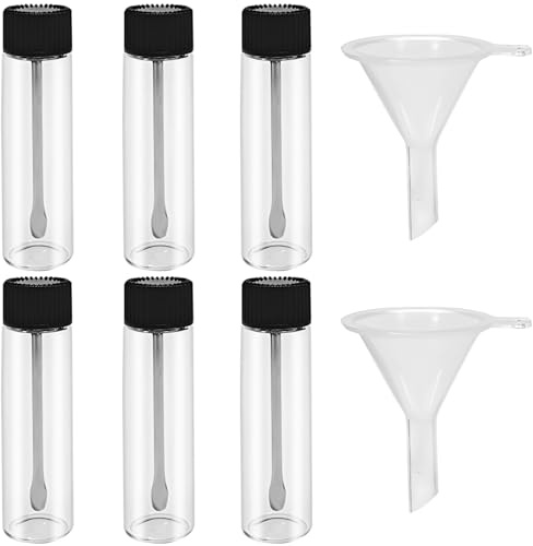 6 Stück Gewürzbehälter aus Glas, Mini-Reisegewürzgläser mit 2 Trichtern – tragbare, auslaufsichere Vorratsflaschen aus Glas mit integriertem Löffel (2,56 x 0,6 Zoll) für Gewürze, Salz, Pfeffer