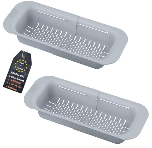 Engelland - 2 x ausziehbares Abtropf-Sieb für Spülbecken, Grau, Flexibler Abtropf-Korb, Nudelsieb aus BPA-freiem Kunststoff, platzsparend & erweiterbar, robust, Seiher für Waschbecken