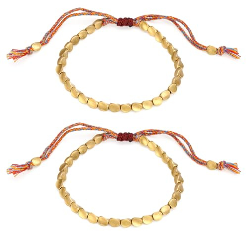Lumi Zenva Lot De 2 Bracelets Tibétains En Cuivre Tressé Faits Main Avec Perles Multicolores Réglables 16 à 26 cm Artisanat Tibétain Porte-Bonheur Idéal Cadeau Spirituel