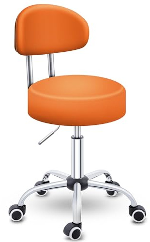TRESKO® Taburete rodante con Respaldo ergonómico | Silla Ajustable en Altura 46-58 cm | Ruedas Taburete cosmético/Silla de Oficina para Mayor Comodidad y Movilidad (Naranja)