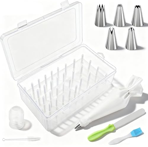 Agamino Piping Tip Box with Cake Decorating Kit, 42 Pegs Piping Tip Set Organizer Case with 5Pcs Piping Tips, Pastry Bag, Coupler, Baking Tools and Brushes, Baking Organizer Storage
