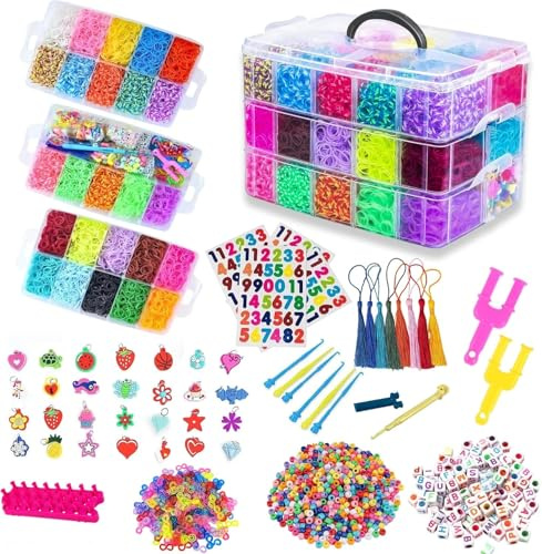 Artlive 15000+ Loom Bands Kit 25 Vibrant Colours Rubber Bands Bracelet Making Kit with Alphabet Beads,S Clips, Charms, Hooks and 3-Layer Storage Box DIY Arts & Crafts Kit for Kids,Girls & Boys