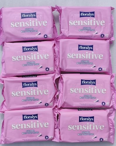 Sensitive Flushable Toilet Wipes, 336 Wipes, 8 x 42, Fragrance Free | Hypoallergenic biodegradable wipes with plant-based fibres, dermatologically tested for sensitive skin