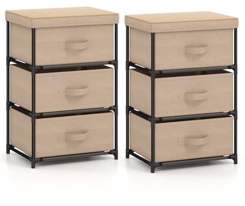 GIANTEX Nachttisch 2er Set, Kleine Kommode Nachtkommode mit Schubladen, Schubladenschrank Nachtschrank aus Stoff & Metallrahmen, Kleiner Schrank Beistellschrank 3 Etagen mit Tablett (Braun, 2 Stück)
