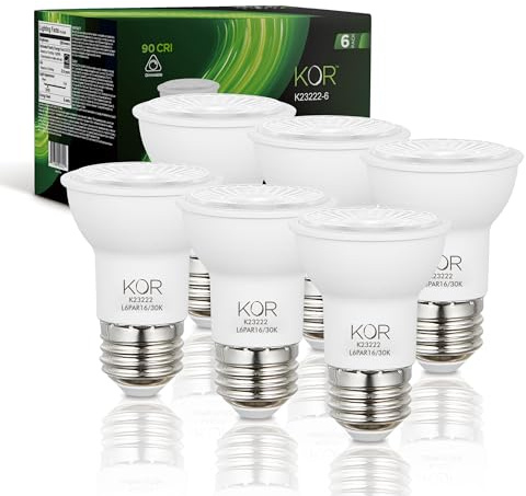 KOR LED PAR16 Flood Light Bulbs, 6 Pack, Dimmable 50W Equivalent, 3000K Warm White, Indoor Outdoor 6W Spotlight Bulb, E26 Base, 1250 Lumens, Frosted Finish, Damp Location Rated