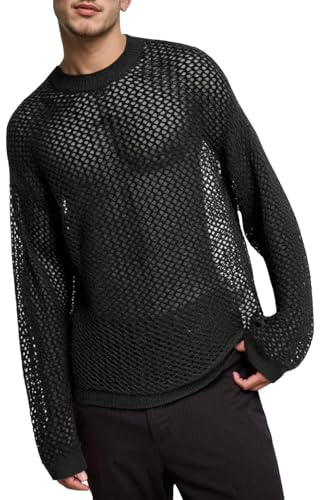 Maglione da uomo in rete, con scollo rotondo, trasparente, maglia fine, casual, a maniche lunghe, per allenamento, sport, Activewear