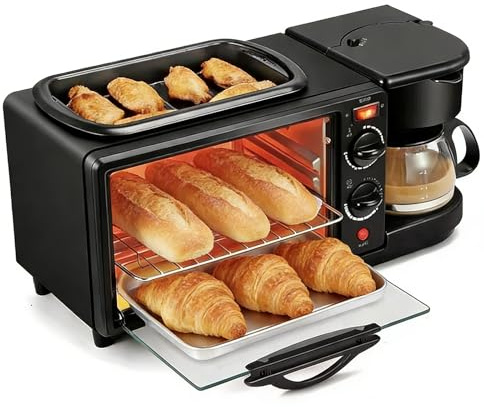 Breakfast Station, Compact Toaster Oven with Coffee Maker, Non Stick Griddle, 2.38 Gallon Bread Oven, Frying Pan for Bread Toast Kitchens & Apartments black