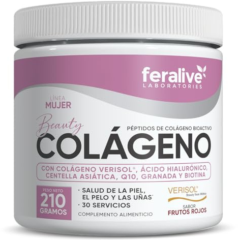 Feralive Laboratories Colágeno Beauty 210g Sabor Frutos Rojos – Péptidos Bioactivos + Verisol® + Centella Asiática + Q10 – Suplemento para Piel, Pelo y Uñas Saludables