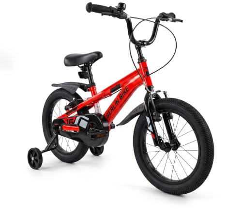 BERLIN BIKE Kinderfahrrad 16 Zoll mit Stützrädern, V Brake Bremsen und Klingel, Kinder Fahrrad für Jungen und Mädchen 4 bis 7 Jahre, mit Schutzblech vorne und hinten