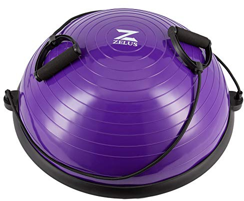 Z ZELUS Balance-Ball-Trainer, halber Yoga-Übungsball mit Widerstandsbändern und Fußpumpe für Yoga, Fitness, Zuhause, Fitnessstudio, Workout (lila)