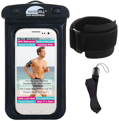 Waterproof Phone Holder Armband Case - For Swimming Running Walking NO Headphone Jack. Fits LARGE Size phones up to 17cm- iPhone, Samsung Galaxy S. Android. Hi-Vis Armband and Neck Lanyard. Black