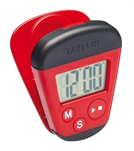 Taylor Pro Küchen-Clip-Timer, Digitaler Küchentimer mit Memo-Halter-Clip und Magnet, Kunststoff, Farbe Rot und Schwarz, 4 x 5,5 x 7cm, 60 Gramm