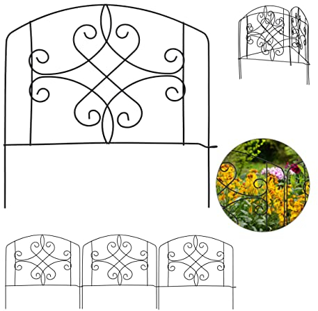 Relaxdays Beetzaun, 4-teilige Beetumrandung für Garten, Dekozaun Metall, antike Verzierungen, HxB: 32 x 186 cm, schwarz