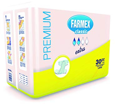 Farmex - Pannoloni per Incontinenza per Adulti - Dermatologicamente Testato, Latex-Free, Anallergico, Doppio Strato Assorbente - Pannolone PREMIUM Assorbenza EXTRA - Taglia L - 30 Pezzi