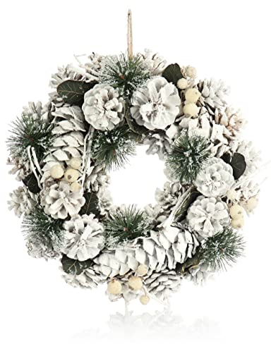 COM-FOUR® Ghirlanda da porta per Natale - ghirlanda dell'avvento bianca con coni e rami - ghirlanda decorativa natalizia