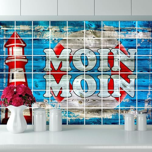 FoLIESEN Fliesenaufkleber - Deko-Bild für Bad, Küche, Badezimmer - maritime Dekoration Fliesen-Bild selbstklebend - Moin Moin, Fliese - Bild (BxH):20x25 cm - 100x75 cm / 15-tlg.