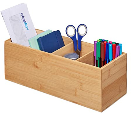 Relaxdays Förvaringslåda, 4 fack, bambu, HBT 12 x 35 x 14 cm, kontor, kök, badrum, stabil, mångsidig, redskapslåda, natur