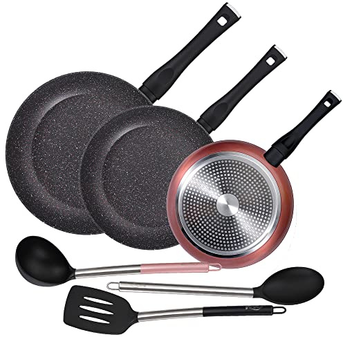 PACK DE 3 SARTENES Ø20/24 y 28 cms + SET DE 3PC DE UTENSILIOS DE COCINA EN NYLON