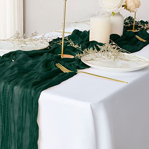 Lot de 2 chemins de table en étamine de style bohème - 3 m - Vert foncé