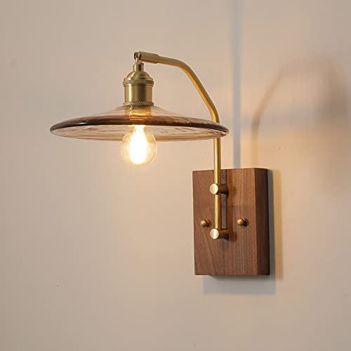 Jadssox Applique Murale Vintage en Noyer avec Bras en cuivre, Abat-Jour en Verre ambré, luminaires de Ferme E27 Lampes de tête de lit pour Chambre à Coucher, Chevet, Salon, hôtel