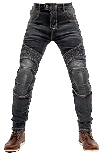 QIYUANT Herren Motorradhose Motorrad Reiten Schutzhose Denim Jeans Reißfester Stretch Vintage Jeanshose mit Abnehmbar Rüstung Knie-Hüftpolster (Schwarz, L)