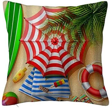 Überwurf Kissen Fall Quadratisch Kissenbezug,Sandstrand Palmblätter Surfbrett Rettungsring,Home Dekorative Sofa Sessel Schlafzimmer Wohnzimmer 45x 45cm