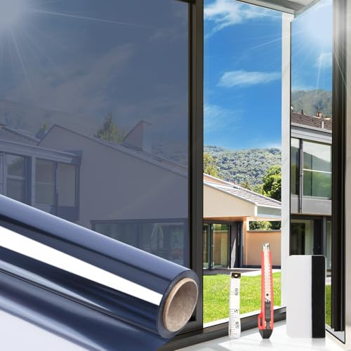 Arthome Fensterfolie 60x460cm Sonnenschutz Spiegelfolie Fenster Sichtschutz Tönungsfolie für Anti-UV Fenster Hitzeschutz Selbstklebend Glasfolie für Zuhause und Büro mit Werkzeug, Blau Silber