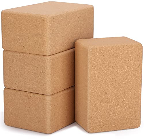 Leitee 4 Pcs Cork Yoga Blocks 9 x 6 x 4 Inch Cork Yoga Brick Non Slip Supportive Equipment High Density Bricks Wood Exercise Blocks Women Gifts for Stretching Flexibility Balance Fitness Pilates