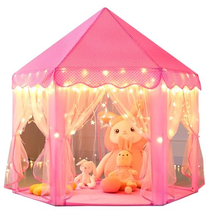 Monobeach Princess Castle Play Tent for Girls - Large 55'' x 53'' Playhouse with Star Lights for Indoor and Outdoor Play