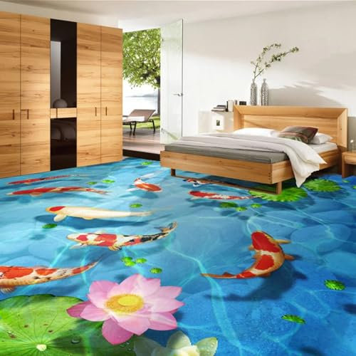 Boden Wandaufkleber Abnehmbare Wandtattoos Kopfsteinpflaster-Lotusblatt-Fischboden-Wandbild, 250 x 175 cm Bodenfliesen Aufkleber Wohnzimmer Studie Bodenbelag Tapete, Epoxidharz