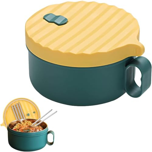 Ceblish Set de Bols Ramen, Ramen Bowl en Acier Inoxydable avec Baguettes, 1200ML Bol de Soupe Japonaise, Bol Ramen avec Couvercle, Bol Instantané pour Nouilles, Bento, Déjeuner (Vert-Jaune)
