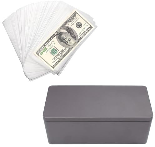 Cajas para dinero en efectivo con 100 Bolsas de Plástico Autoadhesivas Transparentes Almacenamiento de Efectivo Caja de Almacenaje Organizador de efectivo Cash Box 18,5x8,5x7 cm