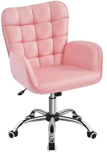 Yaheetech Sedia/Poltroncina da Ufficio Scrivania a Rotelle Girevole Imbottita in Similpelle Reclinabile Ergonomica Altezza Regolabile Rosa