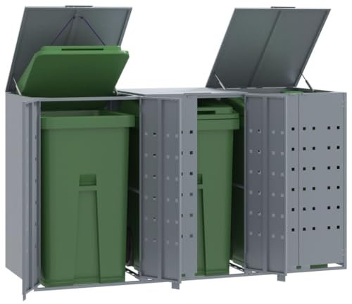 IKAYAA Mülltonnenbox 3er Edelstahl Mülltonnenbox 3 Mülltonnen Mülltonnenhäusschen Mülleimerboxen Stahl-Grau-3 Tonnen