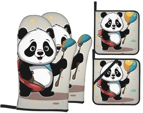 YYHHAOFA Set di quattro pezzi da cucina con motivo panda rosso, guanti da forno isolati e presine, spessi e resistenti