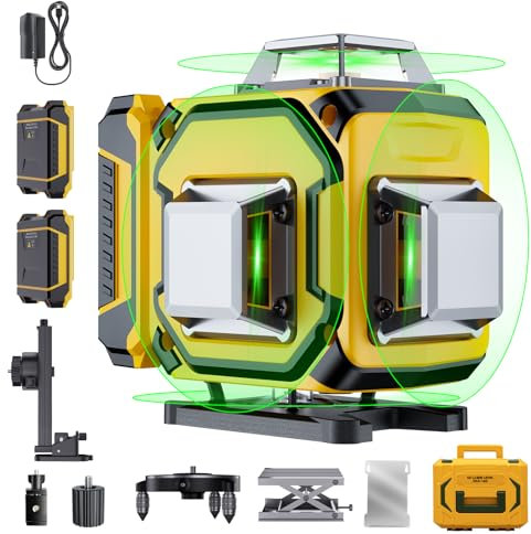 16 Line Laser Level 360 Self Leveling, 4 x 360 Level 4D Green Alignment Laser for Construction and Picture Hanging,with 2 Batteries,Type-C Charging Port,Hard Carry Case,Magnetic Bracket